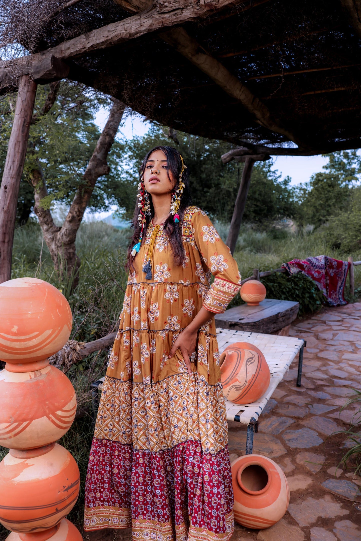 Juniper Mustard Embroidered Anarkali Long Dress With Tassels & Mirror Work