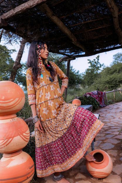 Juniper Mustard Embroidered Anarkali Long Dress With Tassels & Mirror Work
