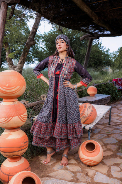 Juniper Black Embroidered Double-Layered Long Dress With Inner & Mirror Work