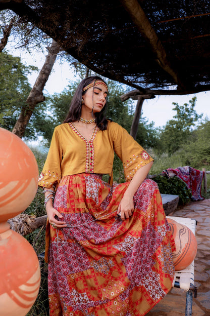 Juniper Mustard Floral Embroidered Co-Ord Set With Mirror & Thread Work