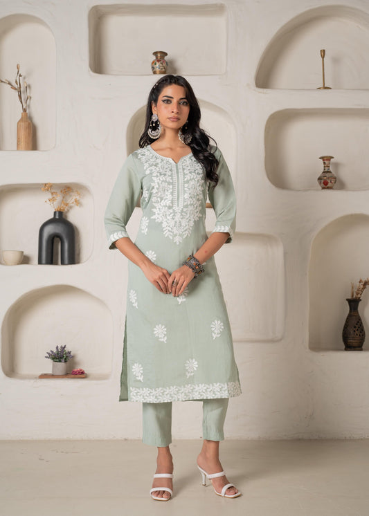 Juniper Mint Solid Embroidered Straight Kurta Pant Set With Thread Work