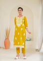 Juniper Mustard Solid Embroidered Straight Kurta Pant Set With Thread Work