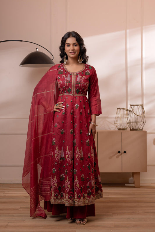 Juniper Embroidered Maroon Long Kurta And Skirt With Dupatta