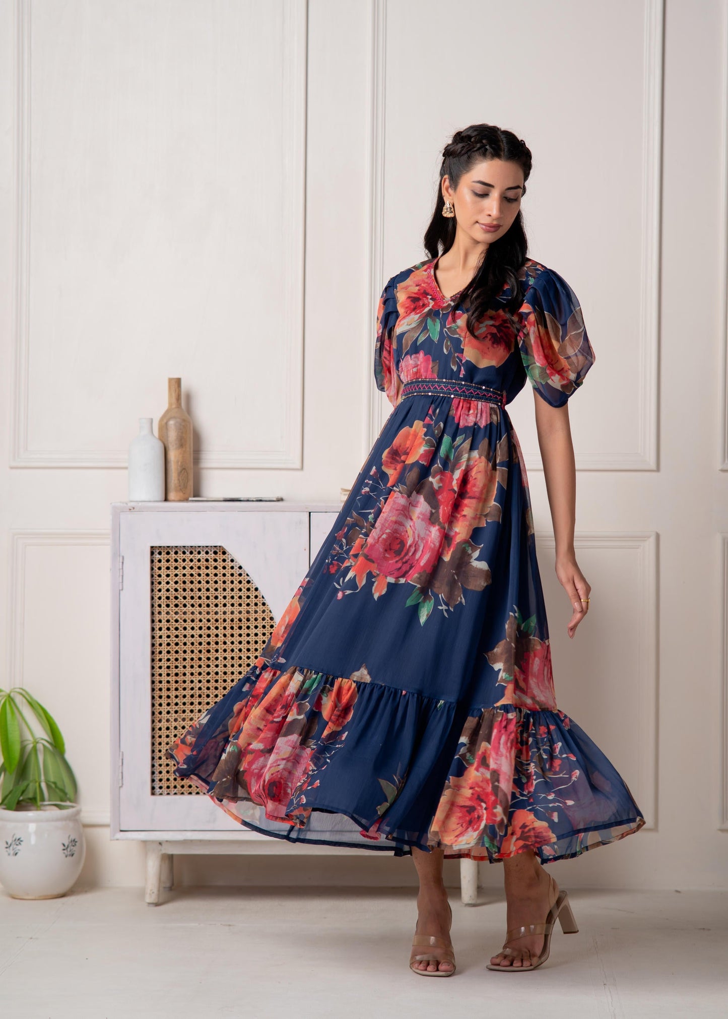 Juniper Navy Blue Floral Printed Fit & Flare Maxi Dress