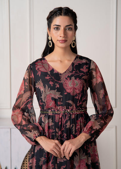 Juniper Floral Printed Black Dress With Sheer Sleeves & Beaded Waist Detailing