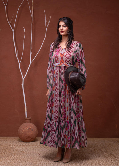 Juniper Floral Multi Printed Dress With Sheer Sleeves & Beaded Waist Detailing