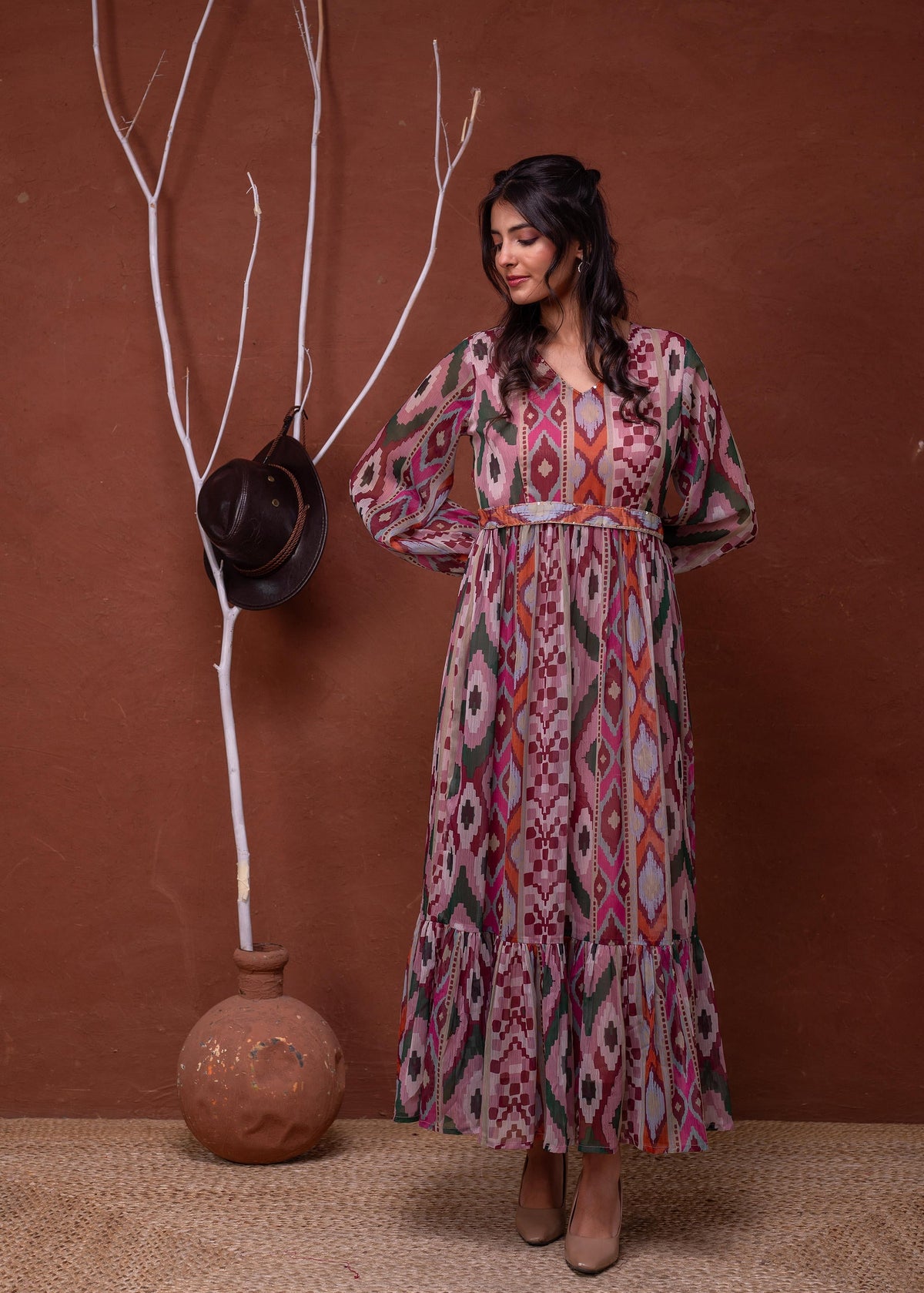 Juniper Floral Printed Pink Dress With Sheer Sleeves & Beaded Waist Detailing