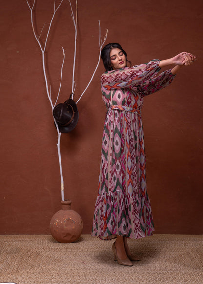 Juniper Floral Printed Pink Dress With Sheer Sleeves & Beaded Waist Detailing