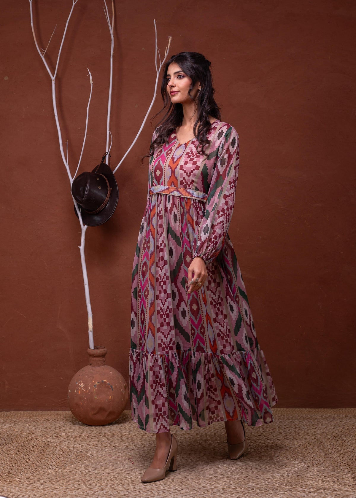 Juniper Floral Multi Printed Dress With Sheer Sleeves & Beaded Waist Detailing