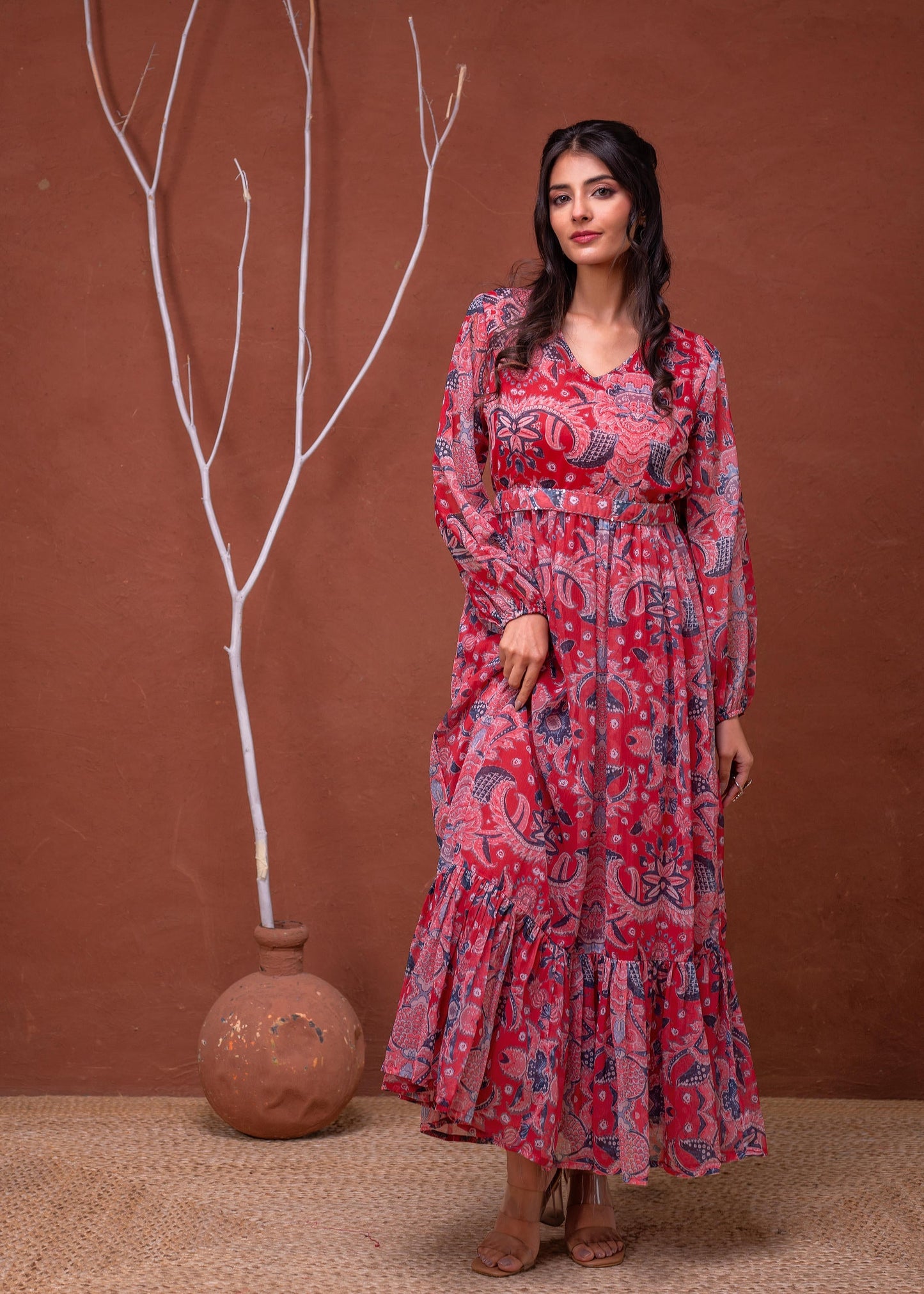 Juniper Floral Printed Red Dress With Sheer Sleeves & Beaded Waist Detailing