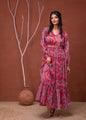 Juniper Floral Red Printed Dress With Sheer Sleeves & Beaded Waist Detailing