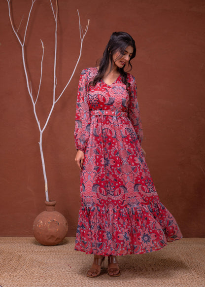 Juniper Floral Red Printed Dress With Sheer Sleeves & Beaded Waist Detailing