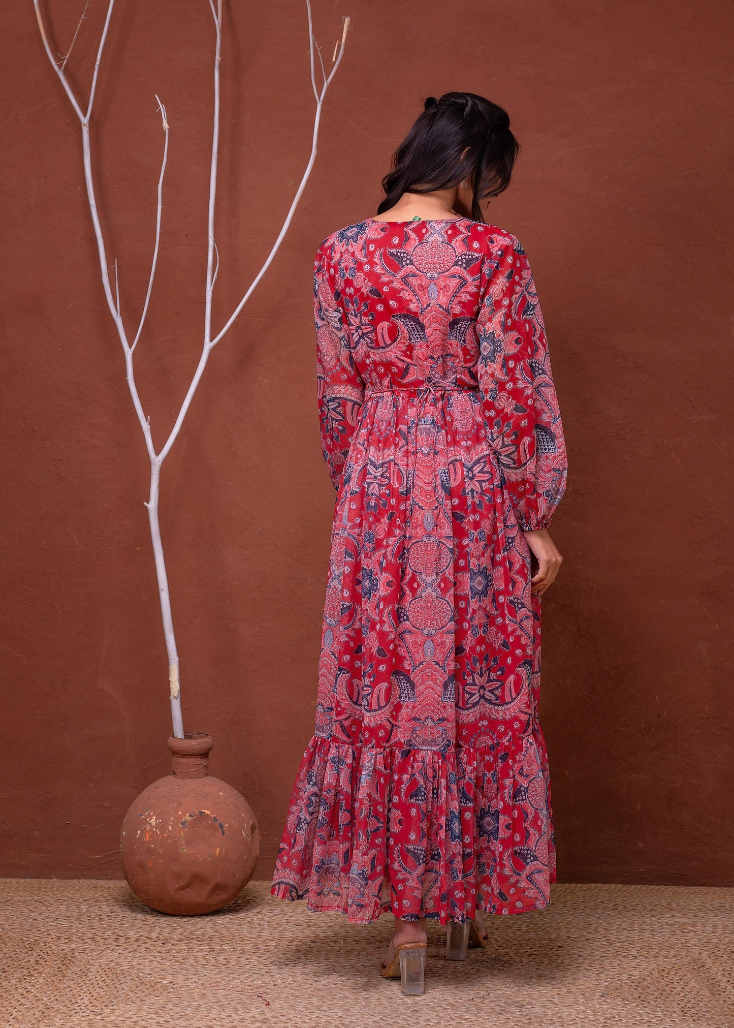 Juniper Floral Printed Red Dress With Sheer Sleeves & Beaded Waist Detailing