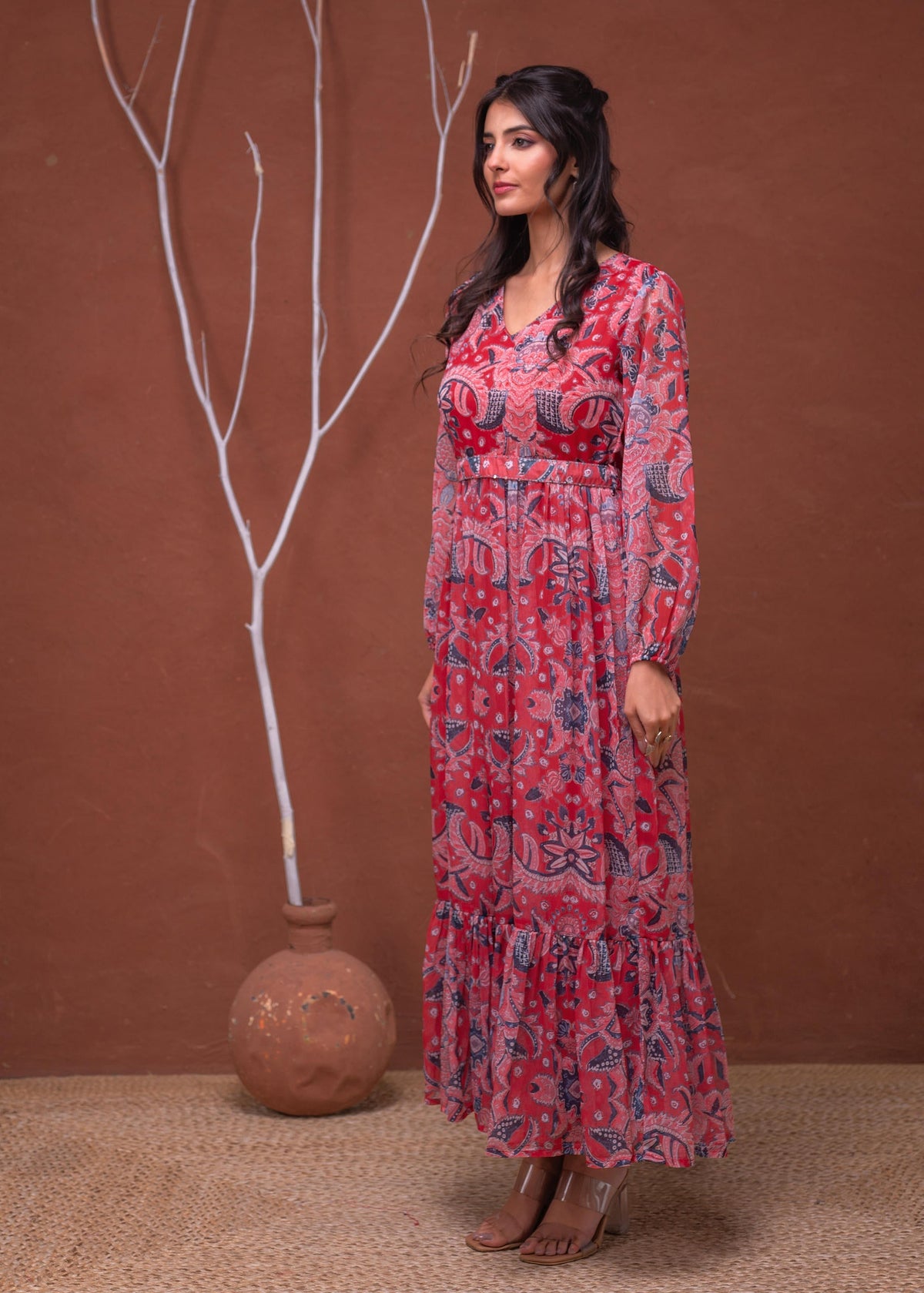 Juniper Floral Printed Red Dress With Sheer Sleeves & Beaded Waist Detailing