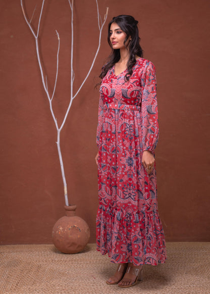 Juniper Floral Red Printed Dress With Sheer Sleeves & Beaded Waist Detailing