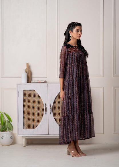 Juniper Blue Printed Tiered Dress With Detailed Yoke