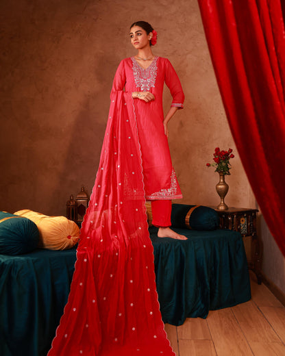 Juniper Fuchsia Viscose Straight Kurta With Pants & Dupatta Set With Thread & Zari Work