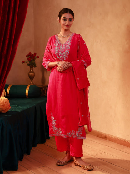 Juniper Fuchsia Viscose Straight Kurta With Pants & Dupatta Set With Thread & Zari Work