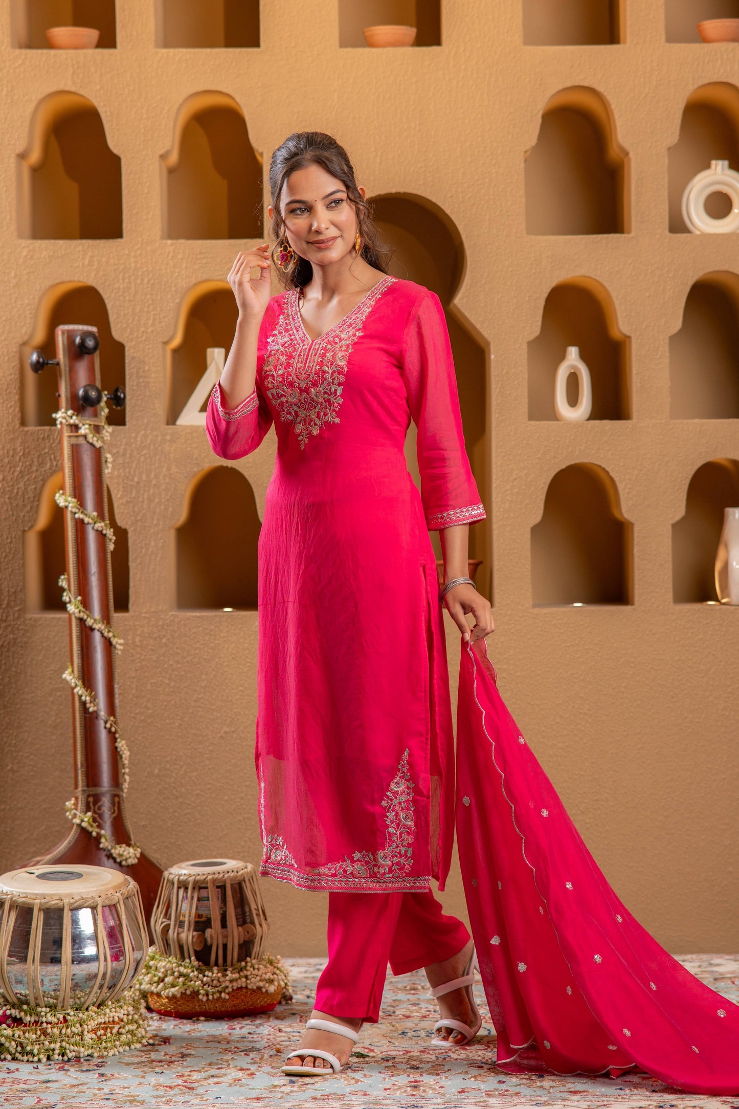 Juniper Fuchsia Viscose Straight Kurta With Pants & Dupatta Set With Thread & Zari Work