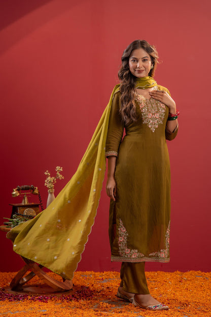 Juniper Festive Olive Green Floral Embroidered Kurta Set With Dupatta