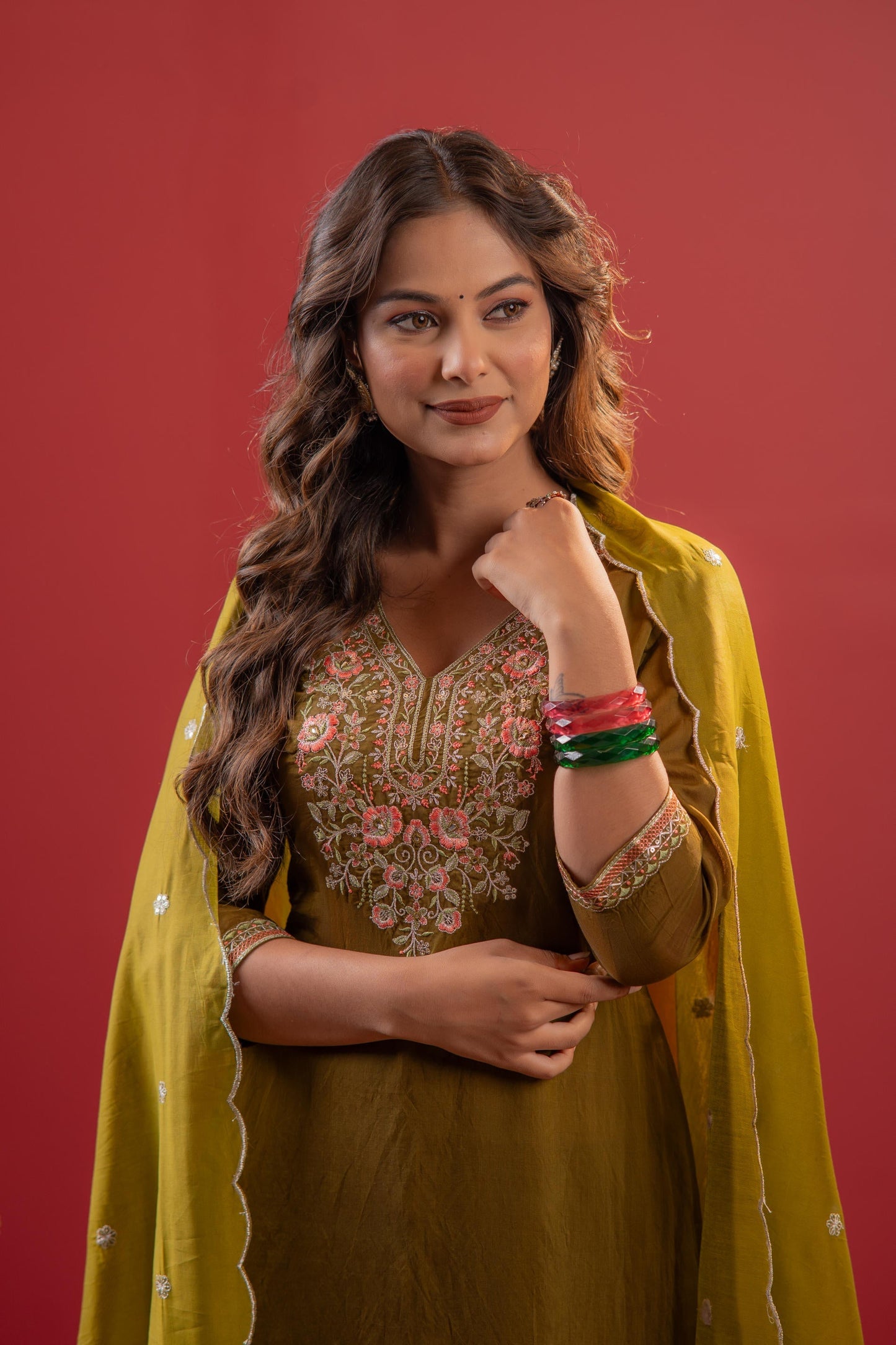 Juniper Festive Olive Green Floral Embroidered Kurta Set With Dupatta