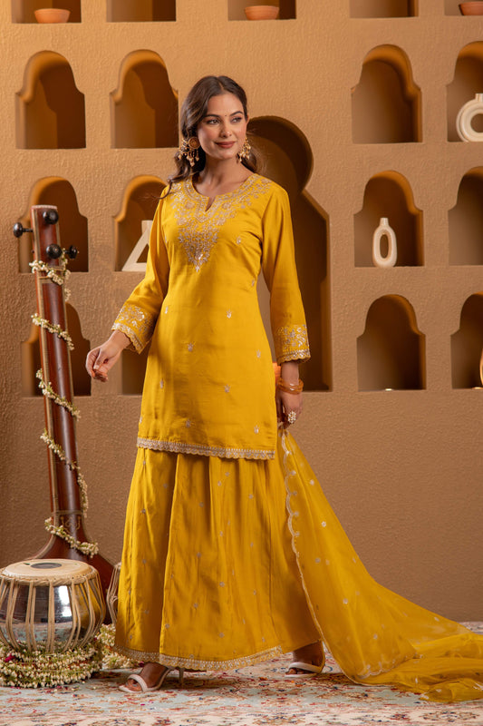 Juniper Mustard Viscose Flared Kurta With Palazzo & Dupatta Set With Mirror, Thread & Zari Work
