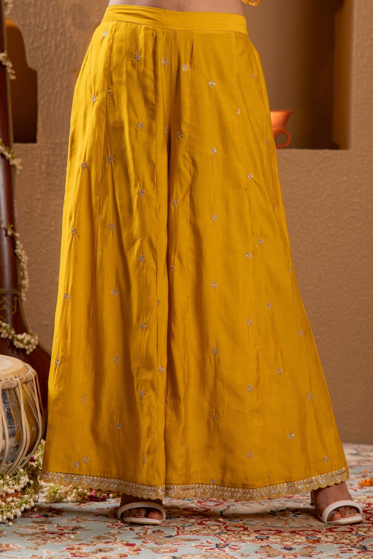 Juniper Mustard Viscose Flared Kurta With Palazzo & Dupatta Set With Mirror, Thread & Zari Work