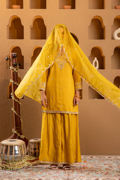 Juniper Mustard Viscose Flared Kurta With Palazzo & Dupatta Set With Mirror, Thread & Zari Work