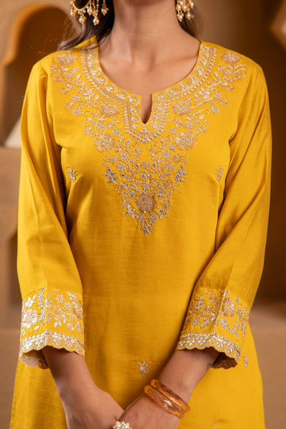 Juniper Mustard Viscose Flared Kurta With Palazzo & Dupatta Set With Mirror, Thread & Zari Work