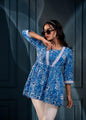 Juniper Blue & White Floral Printed Viscose Tunic With Lace & Dori Tie