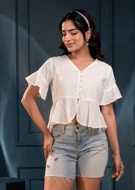 Juniper Women'S Off-White Embroidered Cotton Top With Schiffli And Thread Work