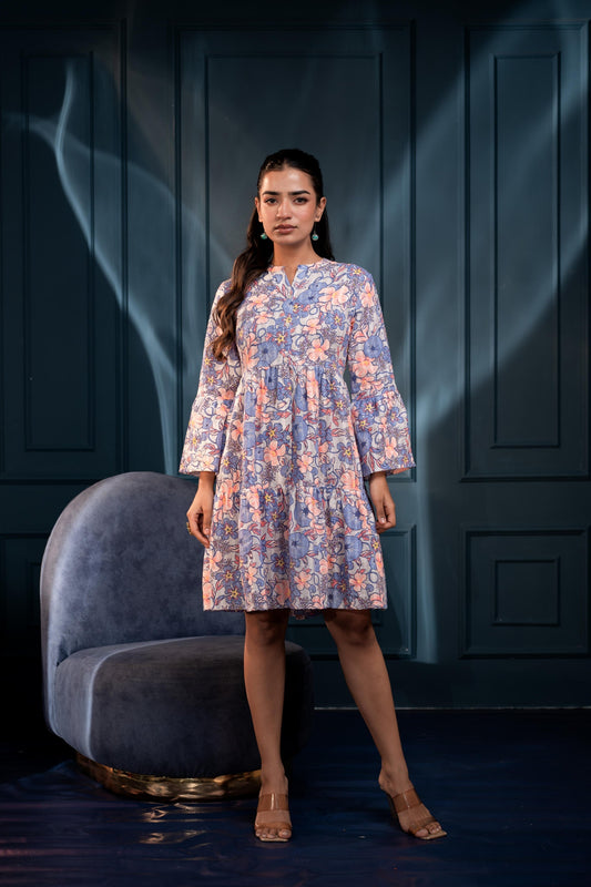 Juniper Women'S Blue & Orange Floral Cotton Short Dress