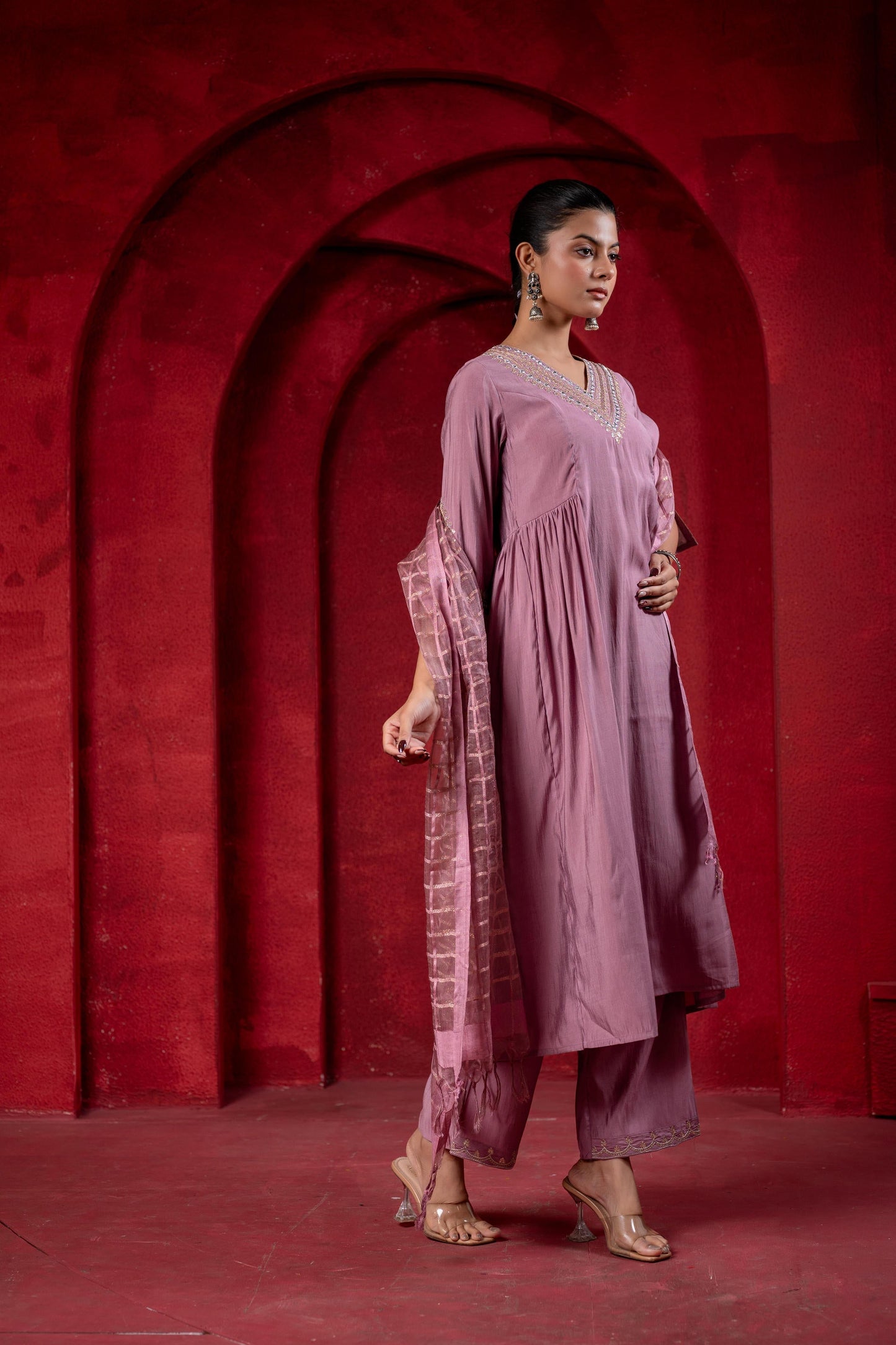 Juniper Onion Pink Elegance Chanderi Kurta Set With Geometric Dupatta