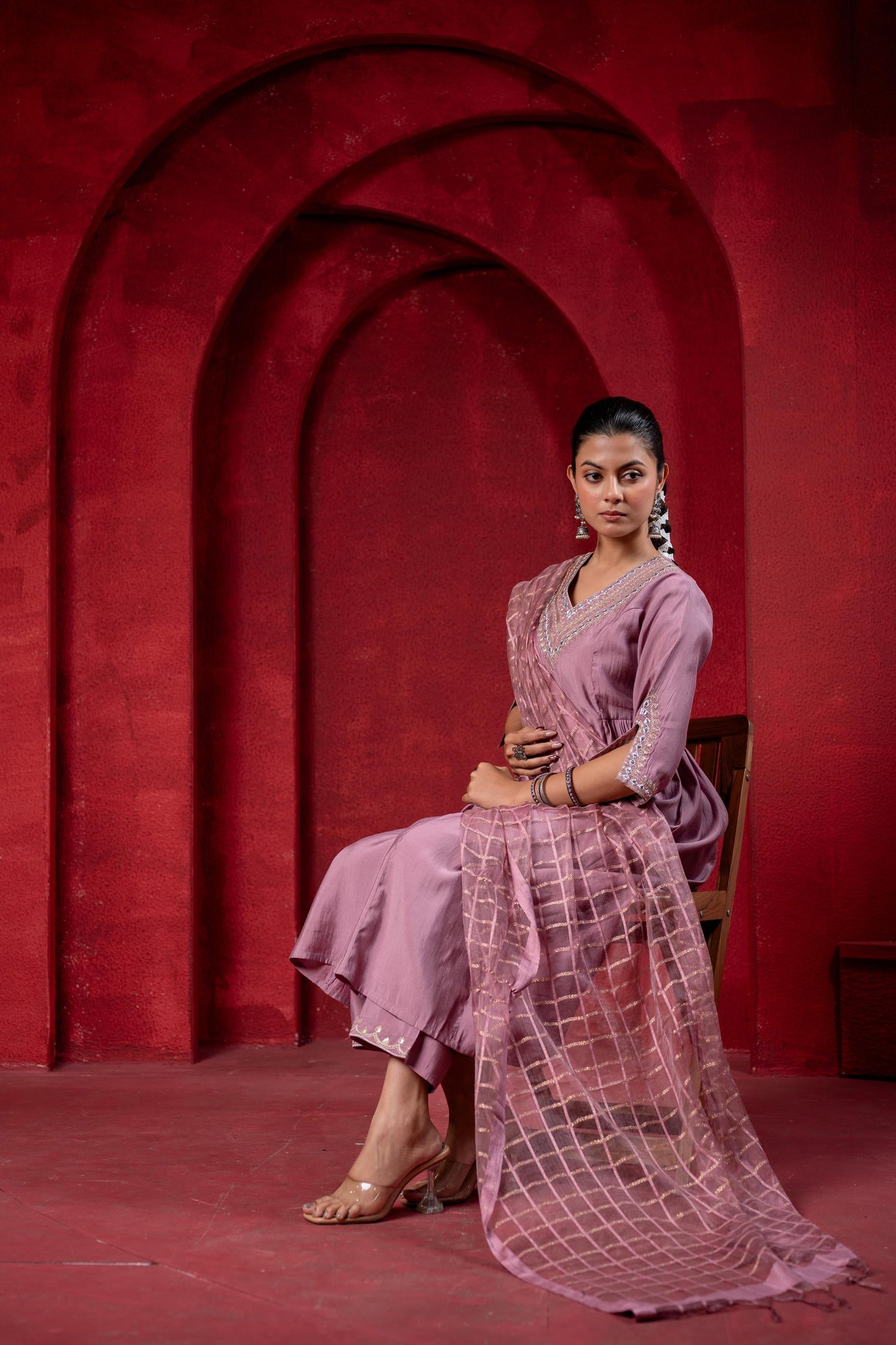 Juniper Onion Pink Elegance Chanderi Kurta Set With Geometric Dupatta