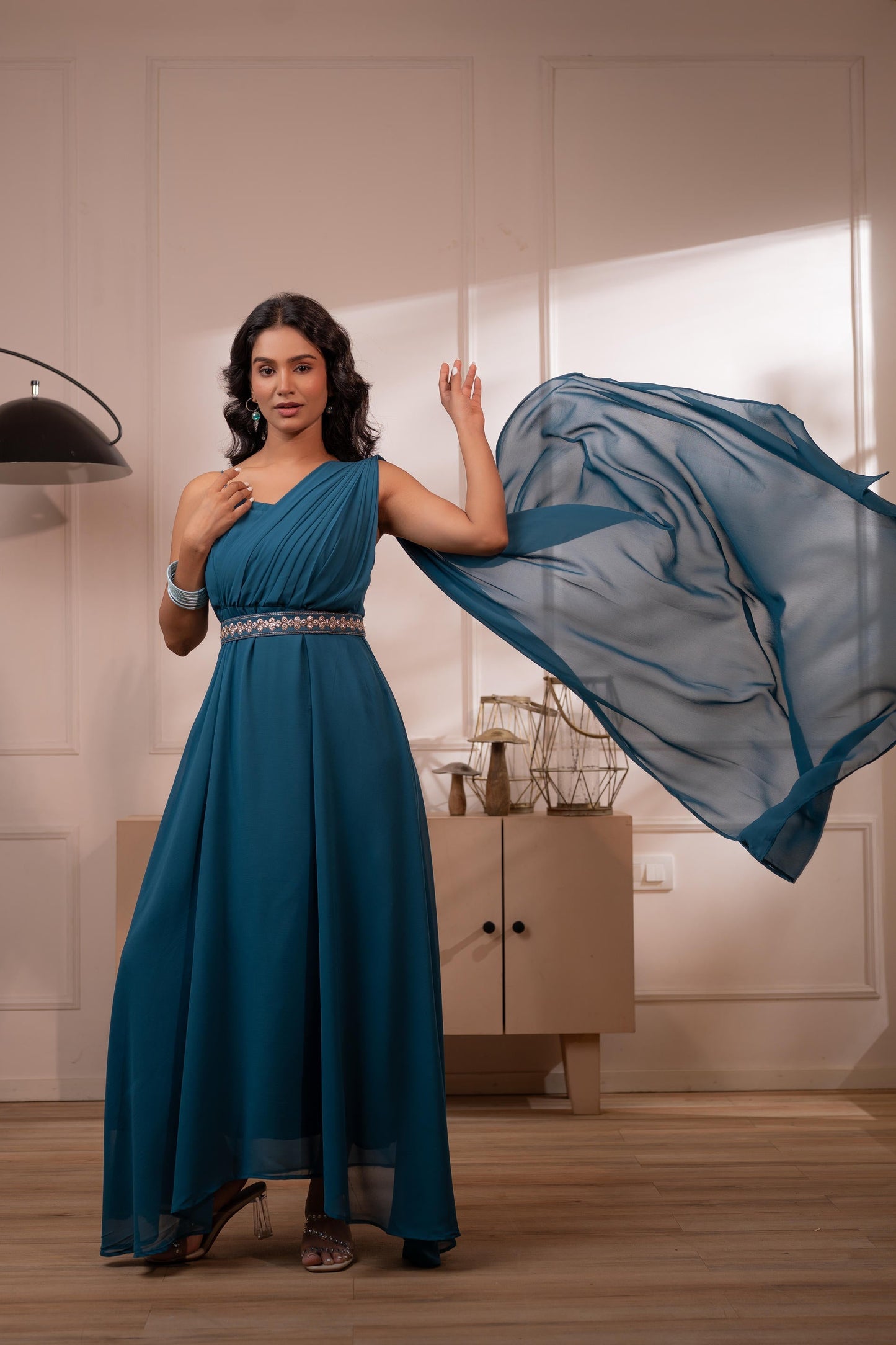 Juniper Ocean Teal Whispers One-Shoulder Gown