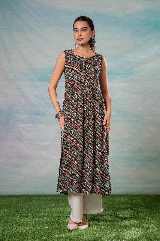 Juniper Women'S Navy Ethnic Motif Printed Sleeveless Kurta
