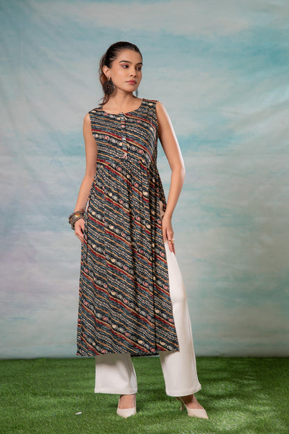 Juniper Women'S Navy Ethnic Motif Printed Sleeveless Kurta