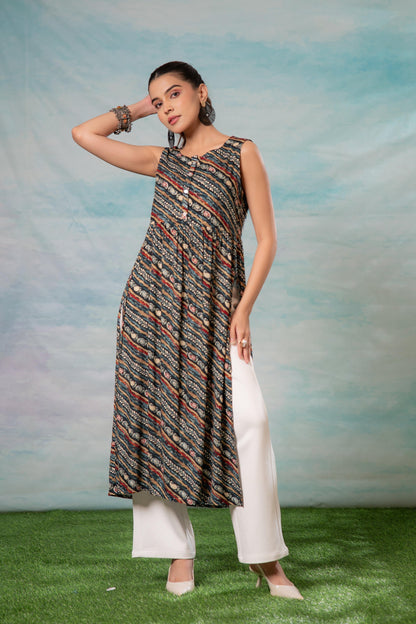 Juniper Women'S Navy Ethnic Motif Printed Sleeveless Kurta