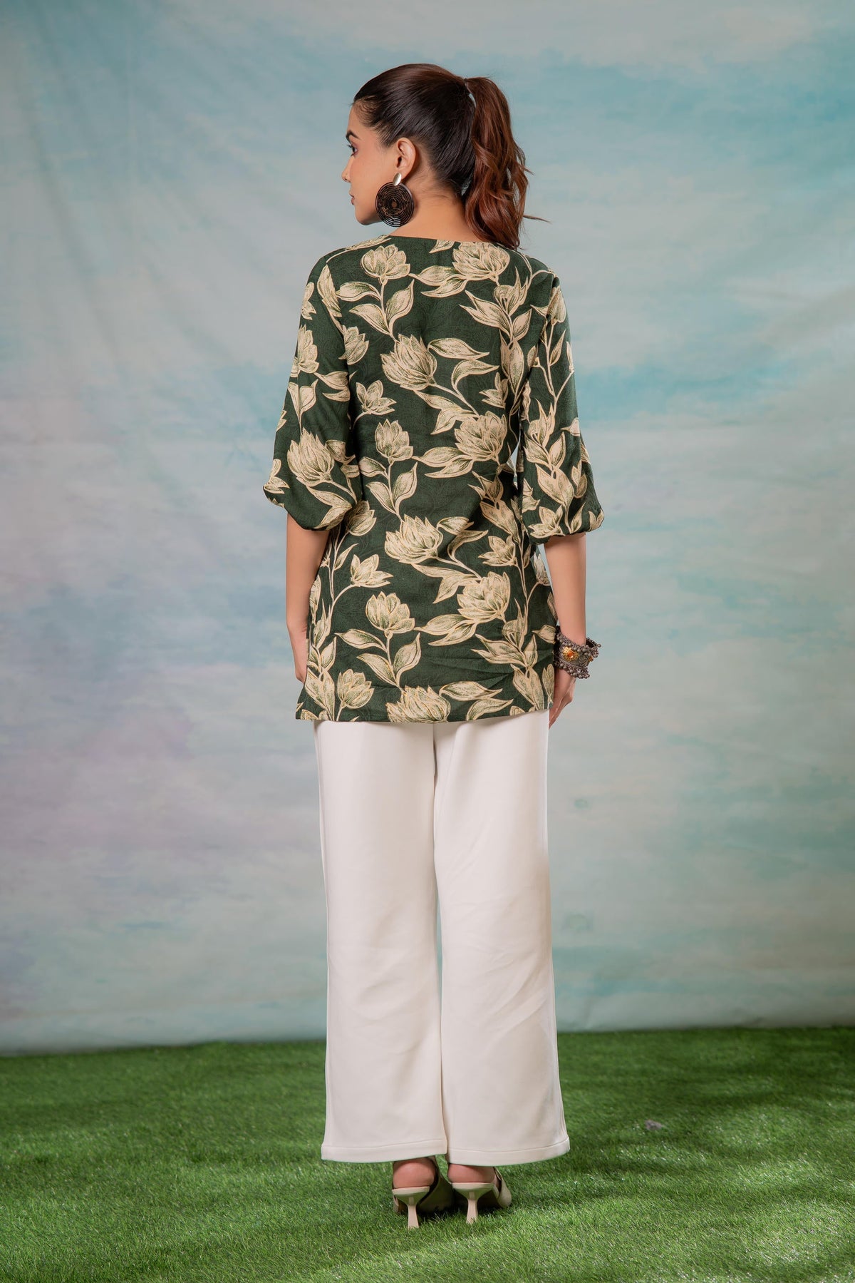 Juniper Green Floral Printed Viscose Tunic