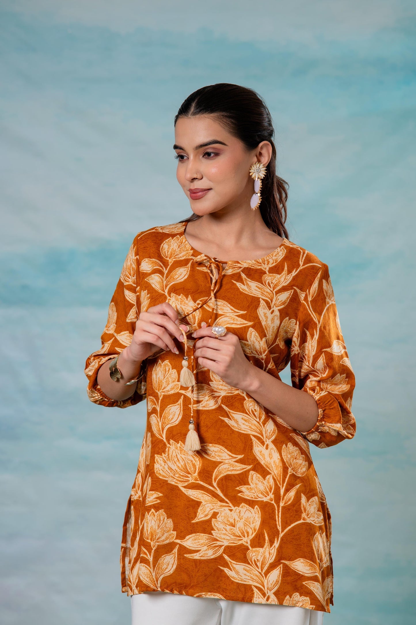 Juniper Mustard Floral Printed Viscose Tunic