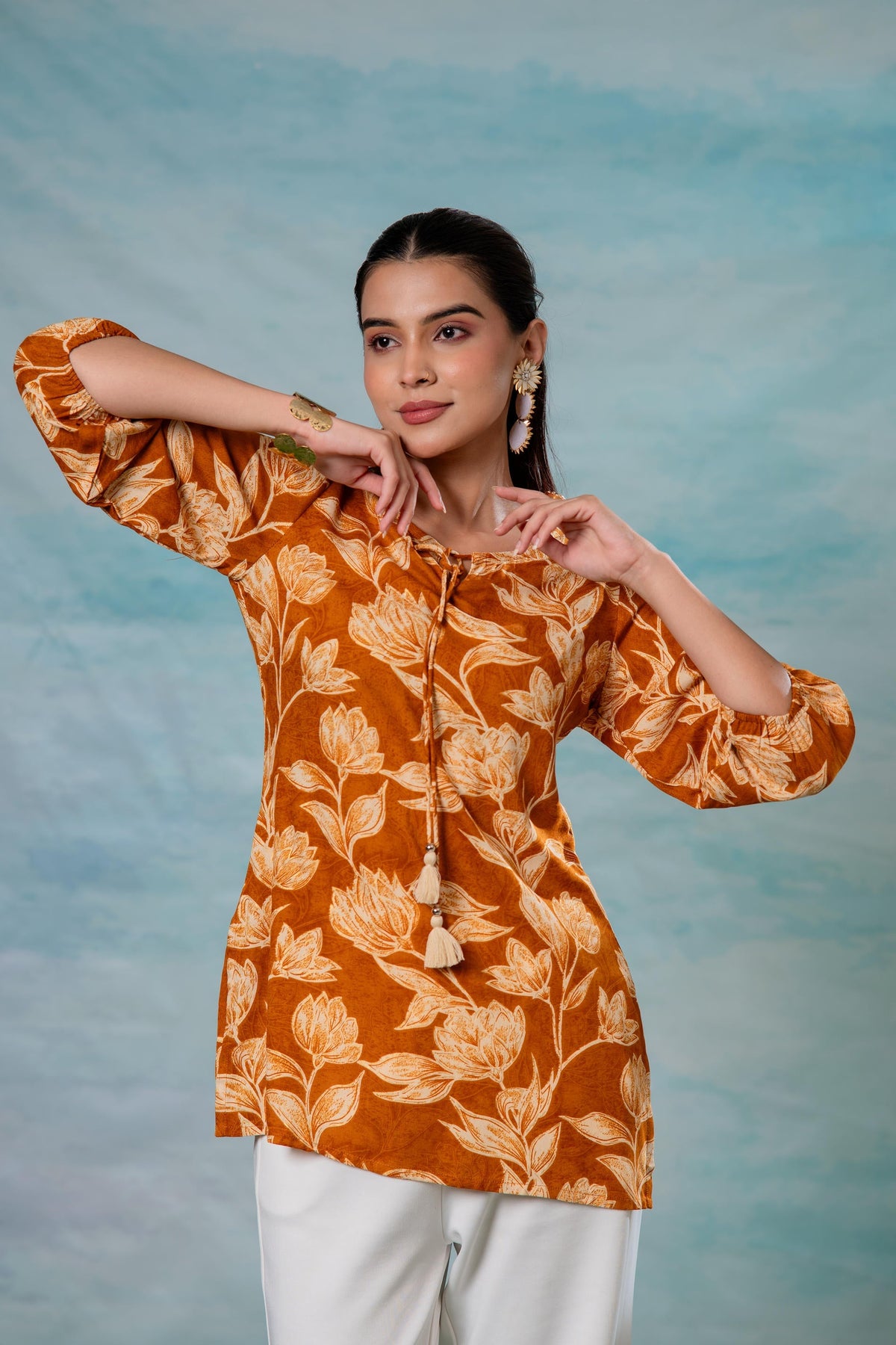 Juniper Mustard Floral Printed Viscose Tunic
