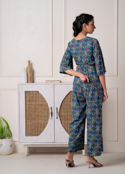 Juniper Teal Floral Printed Viscose Jumpsuit With Belt