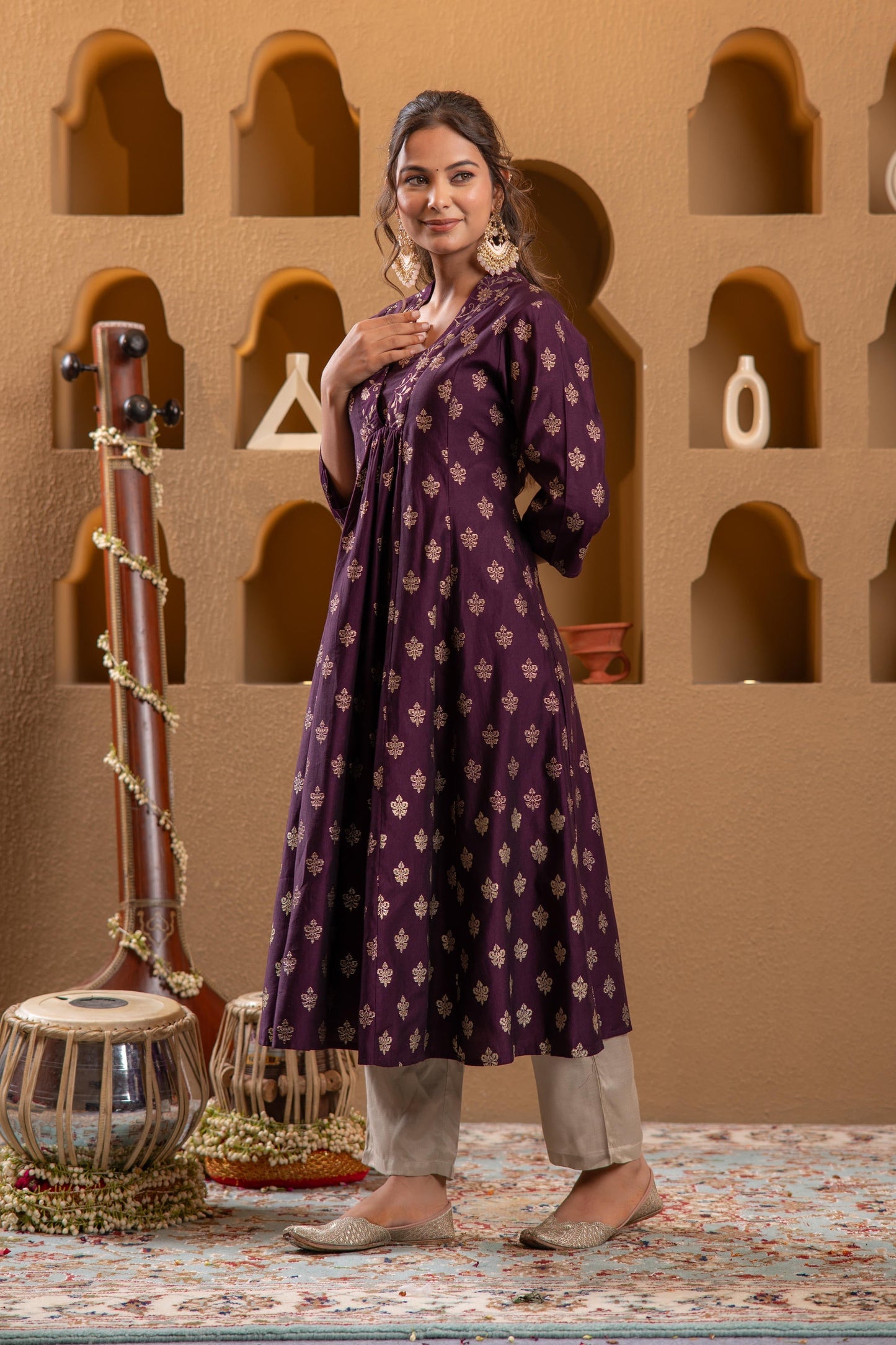 Juniper Purple Gold-Printed Anarkali Kurta