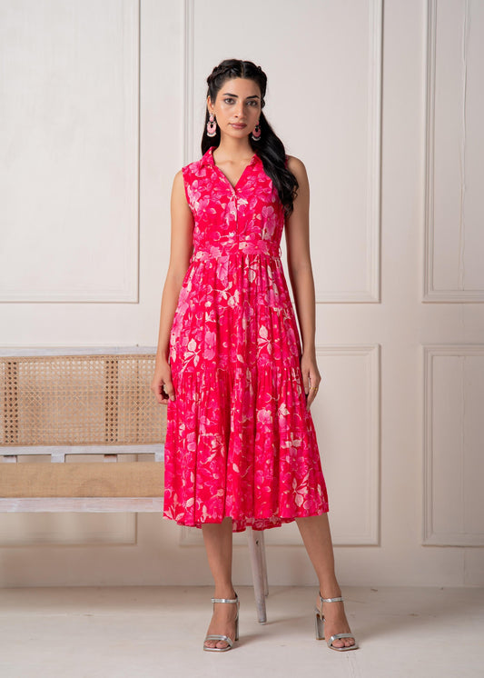 Juniper Coral Fuchsia Sleeveless Floral Tiered Dress