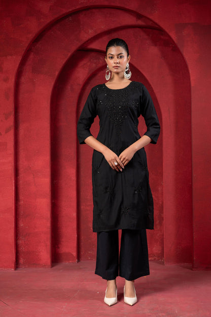 Juniper Black Tonal Sequin Embellished Straight Kurta Set