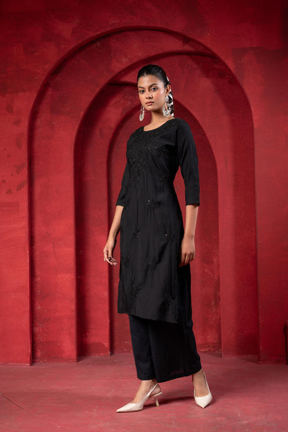 Juniper Black Tonal Sequin Embellished Straight Kurta Set