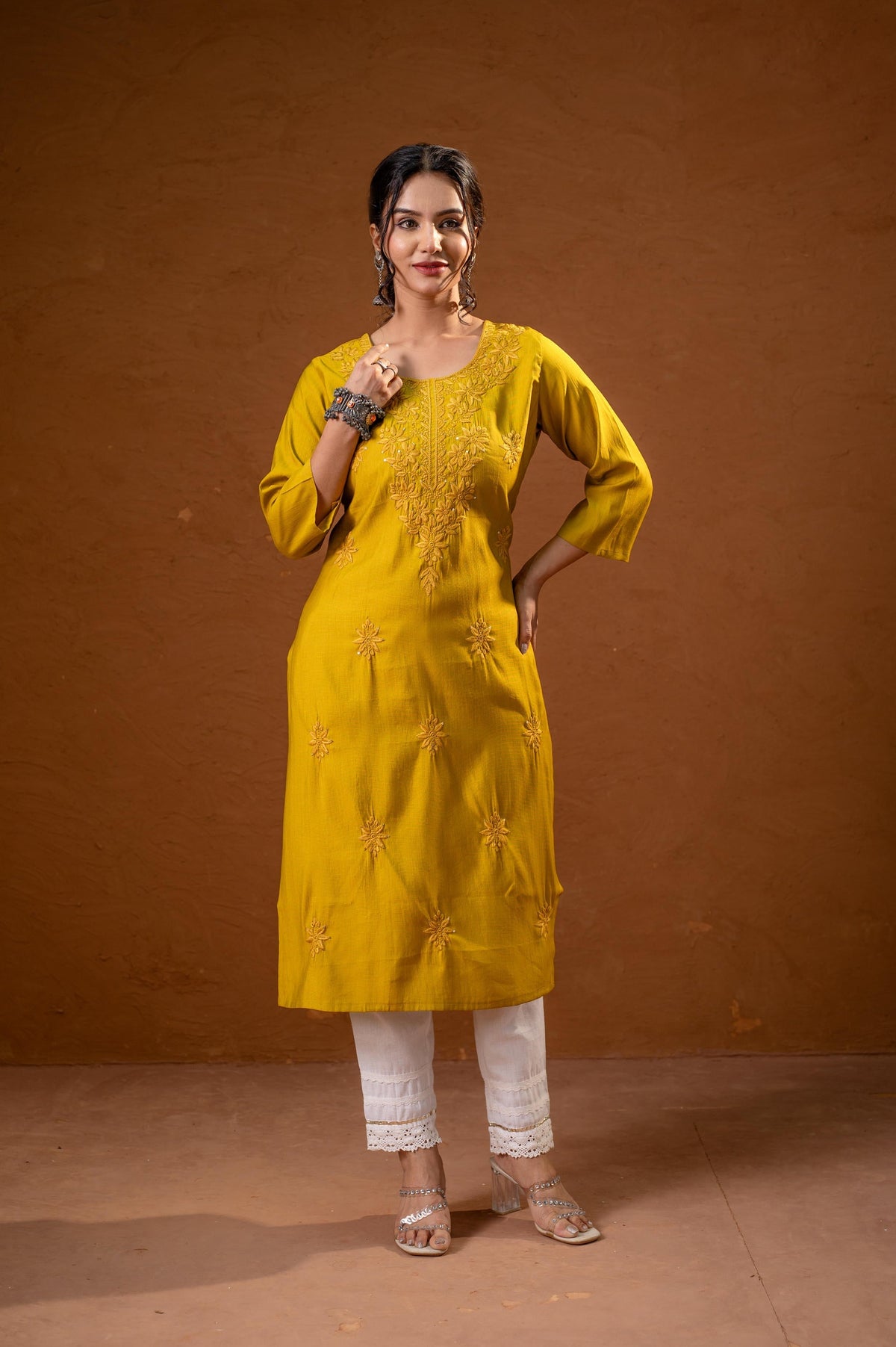 Juniper Mustard Tonal Sequin Embellished Straight Kurta Set