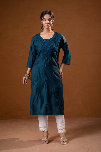 Juniper Teal Tonal Sequin Embellished Straight Kurta Set