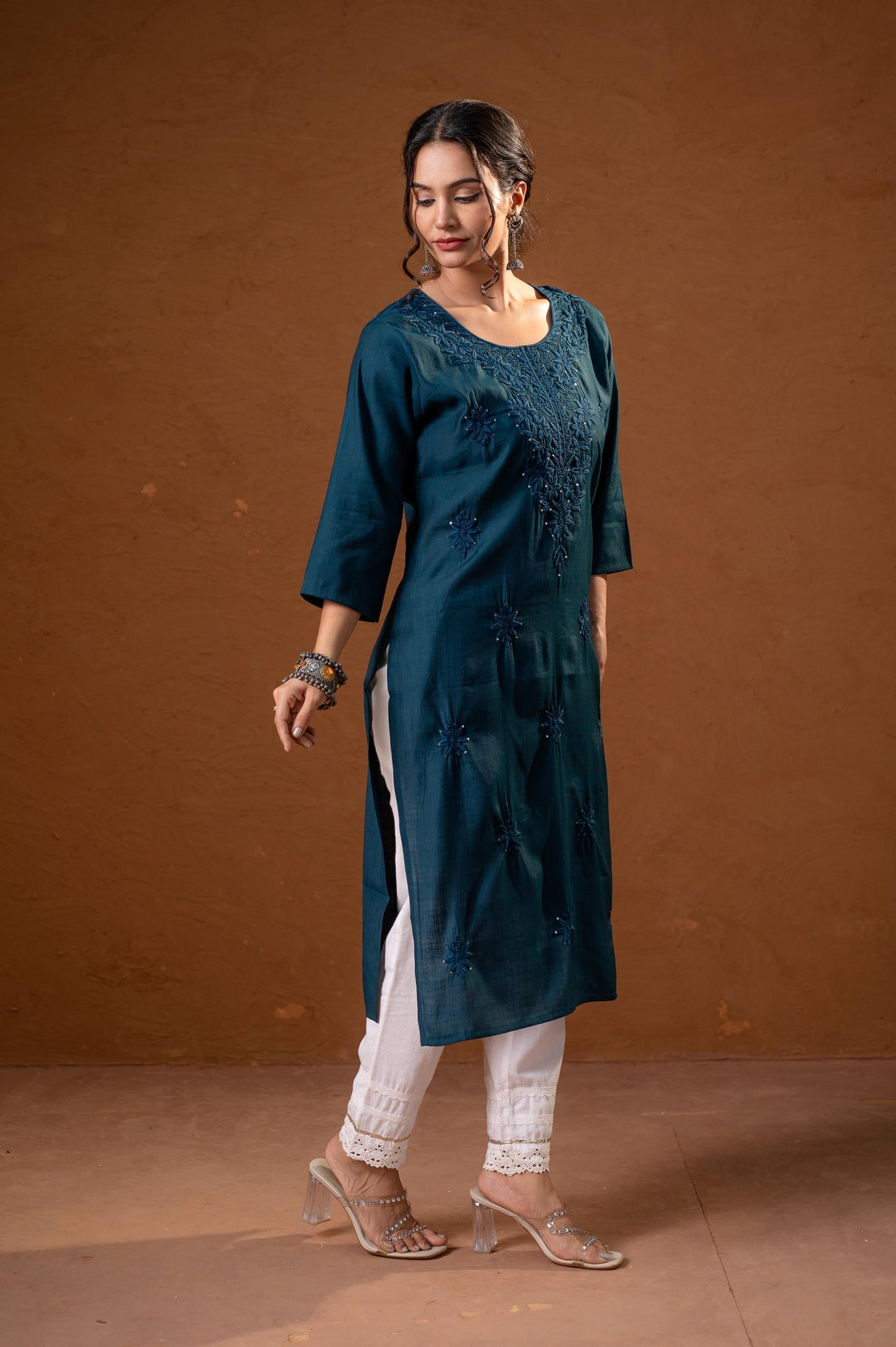 Juniper Teal Tonal Sequin Embellished Straight Kurta Set