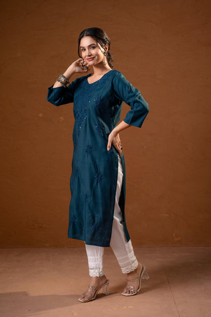 Juniper Teal Tonal Sequin Embellished Straight Kurta Set